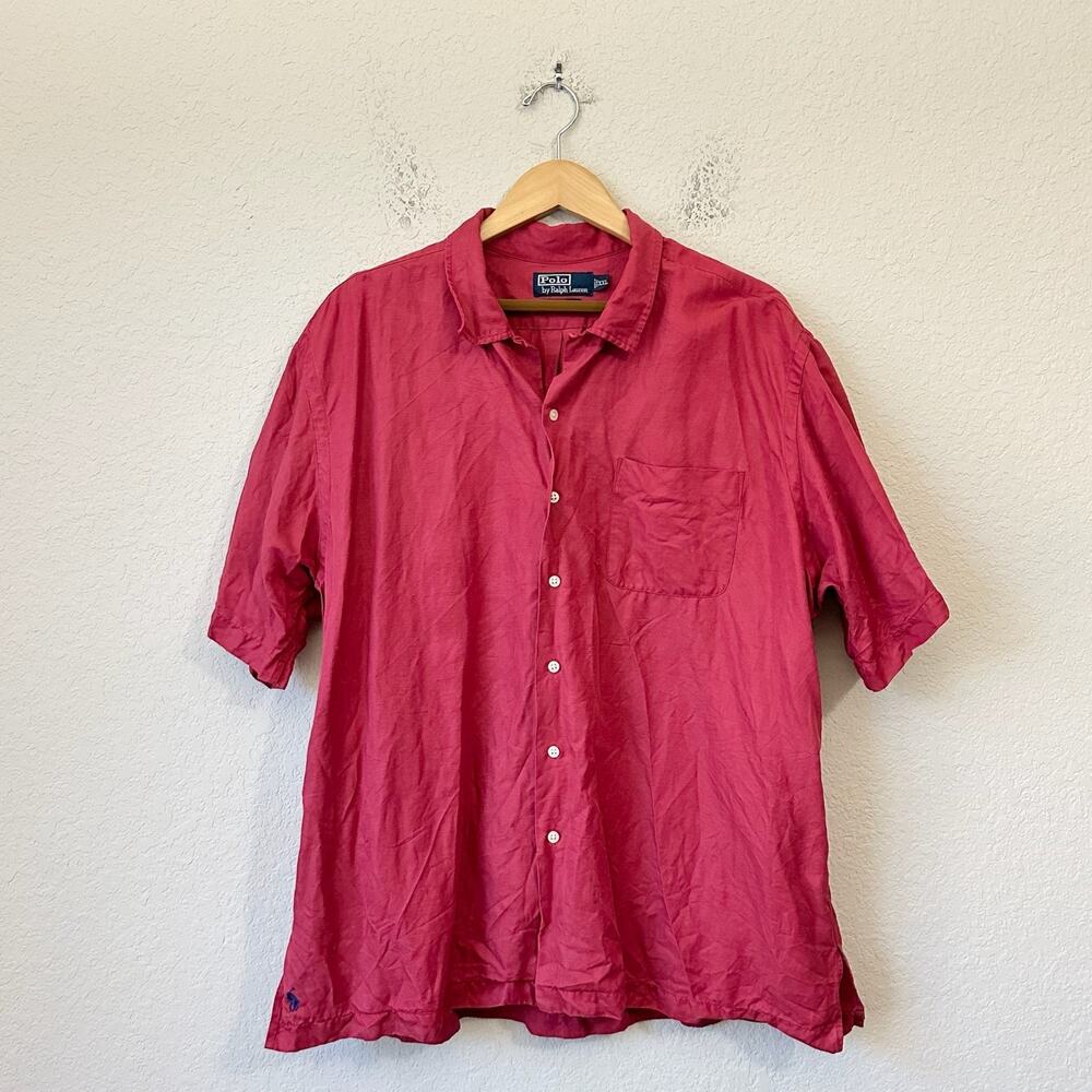 VTG POLO RALPH LAUREN Caldwell Shirt Red Silk Blend Loop Collar Camp